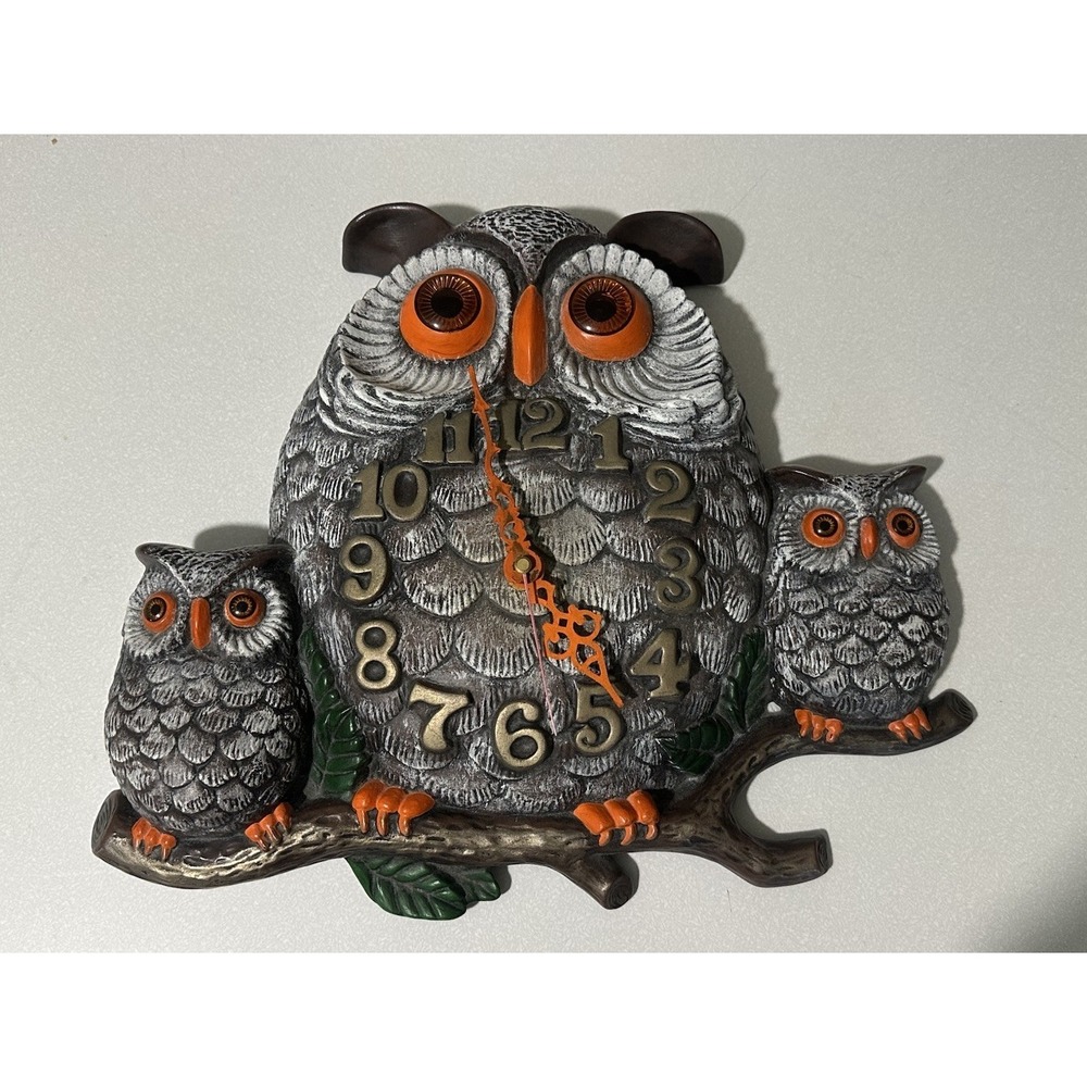 VTG Handmade Ceramic 3 Owl Family On Branch Wall Clock Retro 1975 Boho Works!